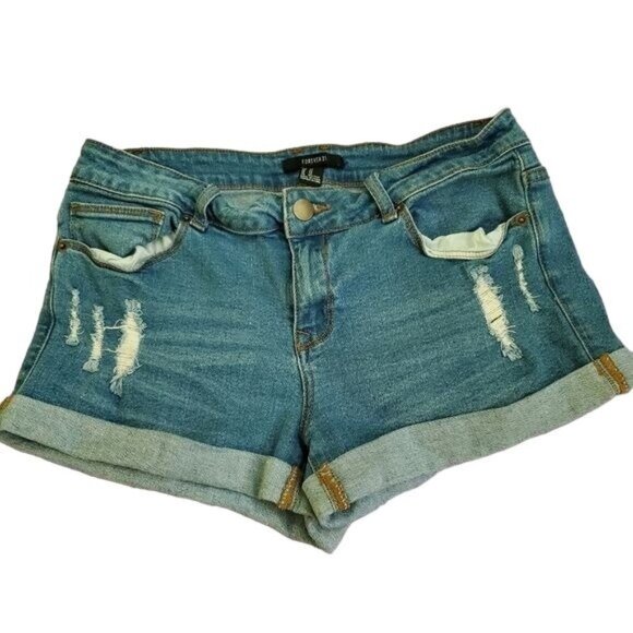 Forever 21 womens blue denim shorts size US 29 distressed pockets zip button - Picture 3 of 7